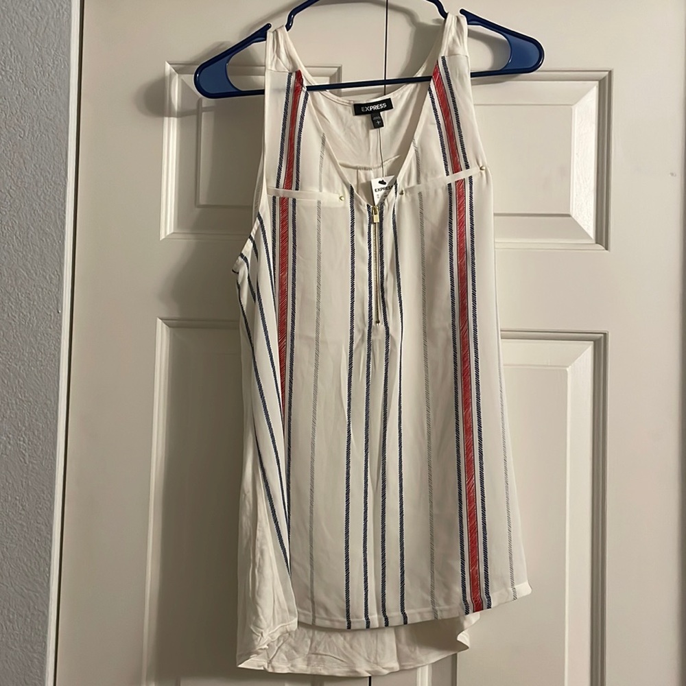 New Women’s Express Hudson Zipper Tank. White with Blue and Red Stripes. Size L